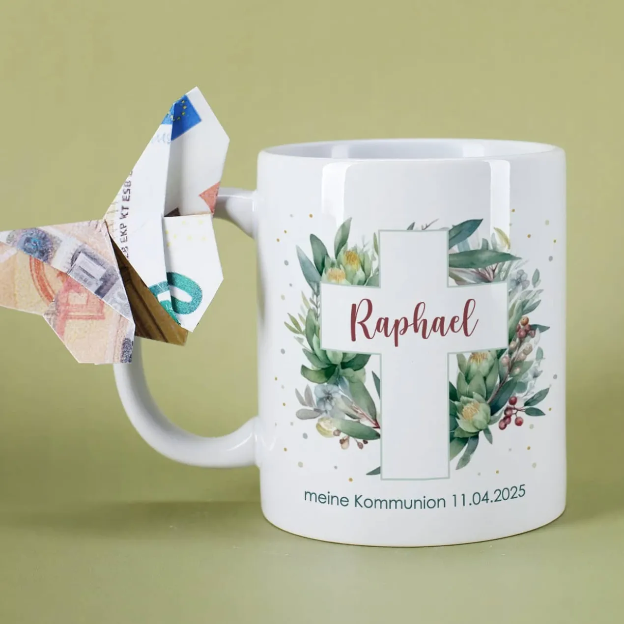 Tasse zur Kommunion oder Konfirmation mit Blätterkreuz-Motiv