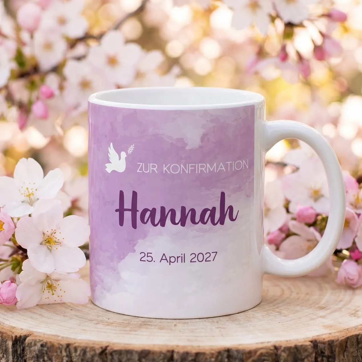 Tasse zur Konfirmation - mit Name und Datum in violett