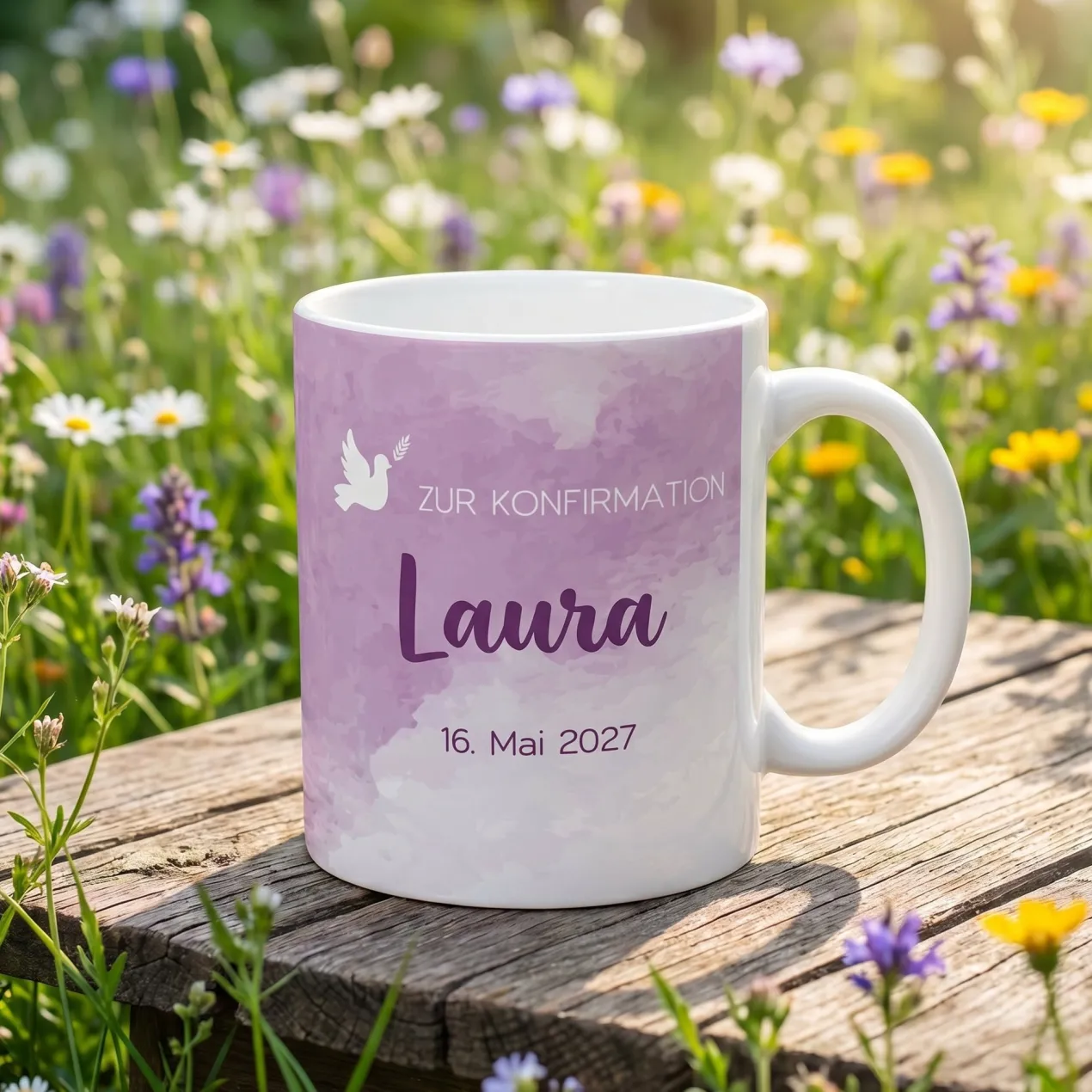 Tasse zur Konfirmation - mit Name und Datum in violett