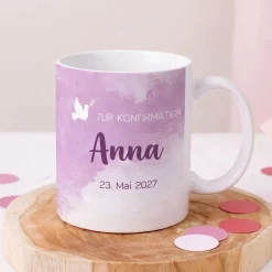 Tasse zur Konfirmation - mit Name und Datum in violett