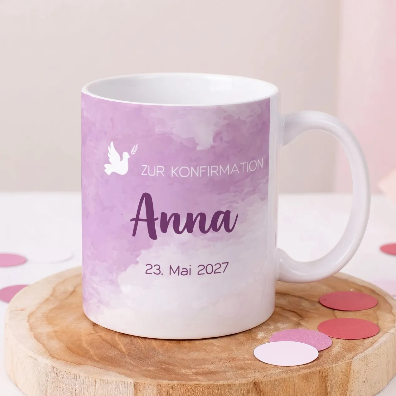 Tasse zur Konfirmation - mit Name und Datum in violett