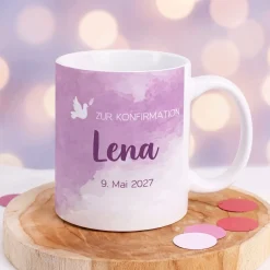 Tasse zur Konfirmation - mit Name und Datum in violett