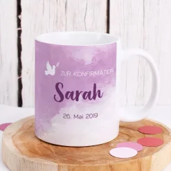 Tasse zur Konfirmation - mit Name und Datum in violett