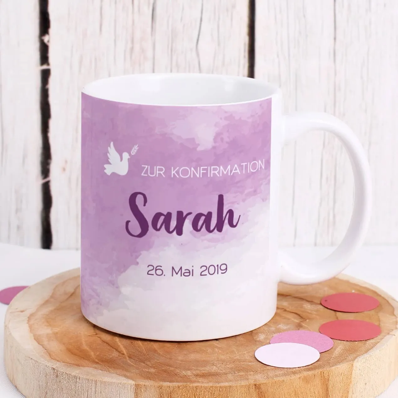 Tasse zur Konfirmation - mit Name und Datum in violett