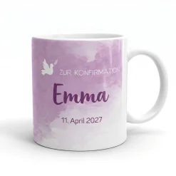 Tasse zur Konfirmation - mit Name und Datum in violett