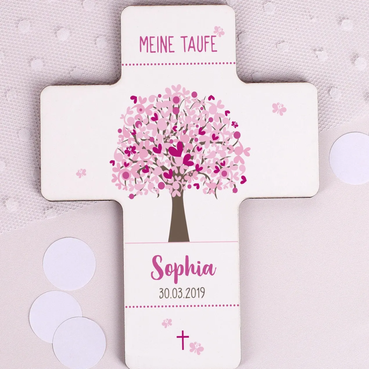 Taufkerze Lebensbaum mit passendem Kreuz für Mädchen