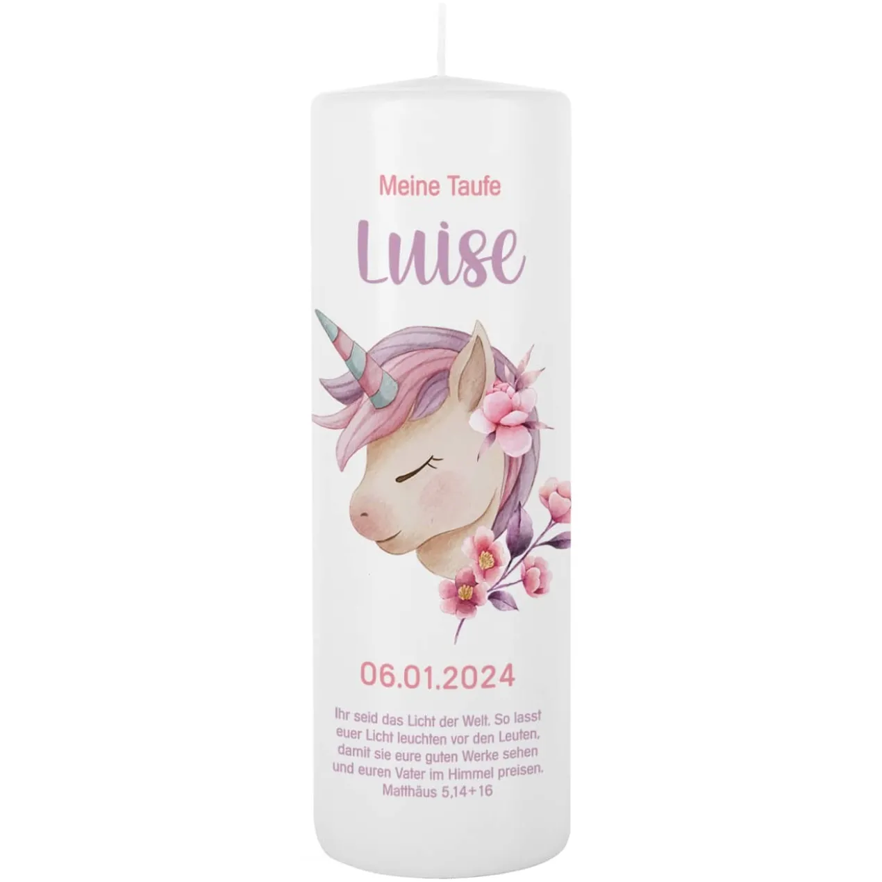 Taufkerze mit Einhornmotiv und Ihrer Personalisierung