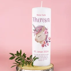 Taufkerze mit Einhornmotiv und Ihrer Personalisierung