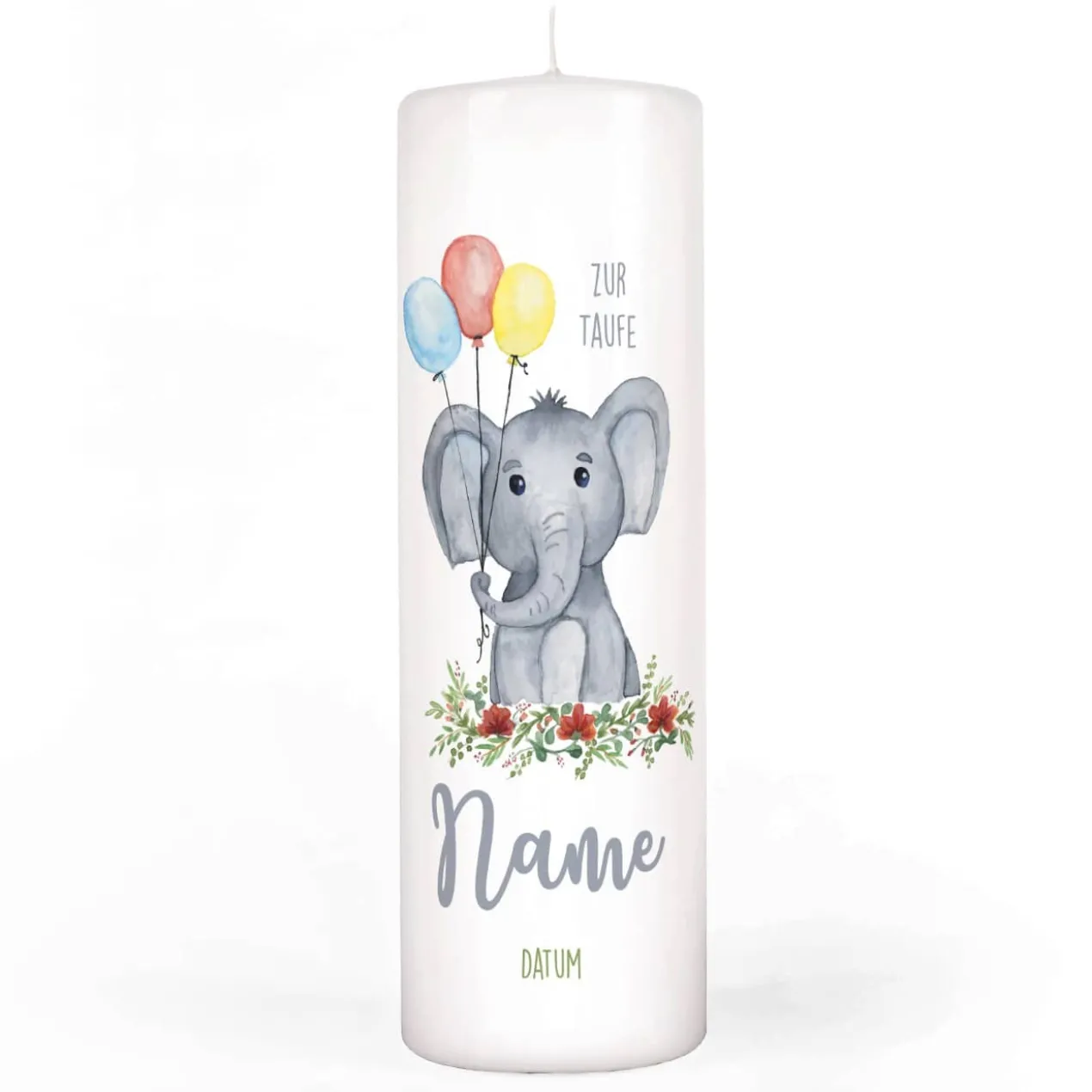 Taufkerze mit Elefant, Name, Datum und Taufspruch
