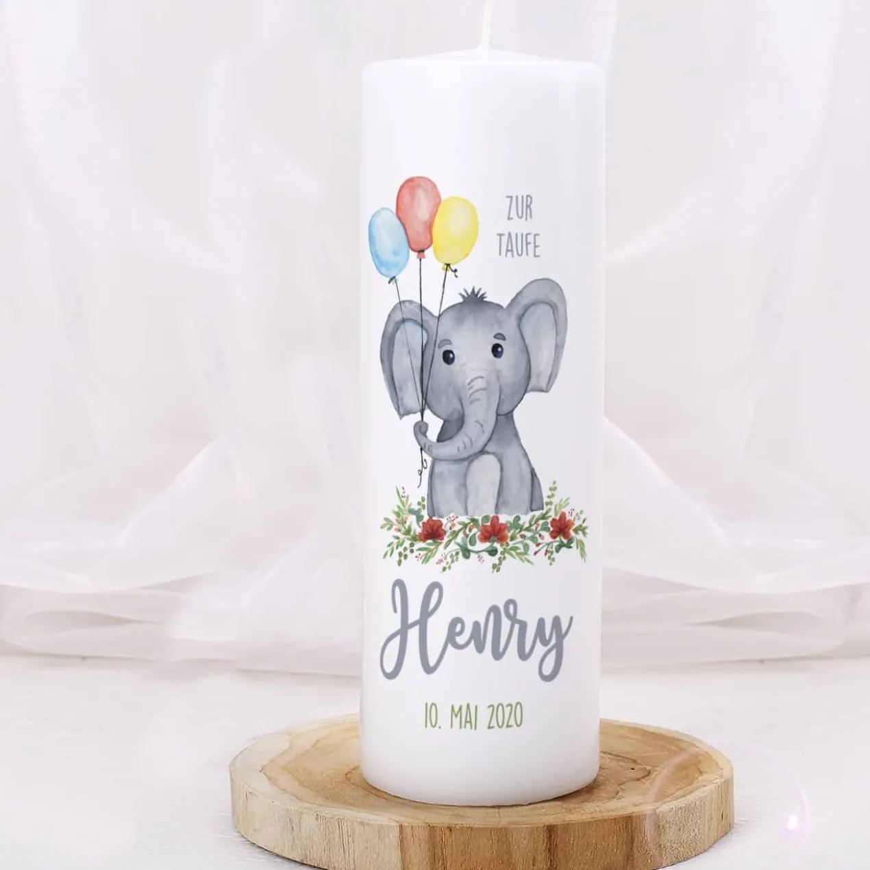 Taufkerze mit Elefant, Name, Datum und Taufspruch