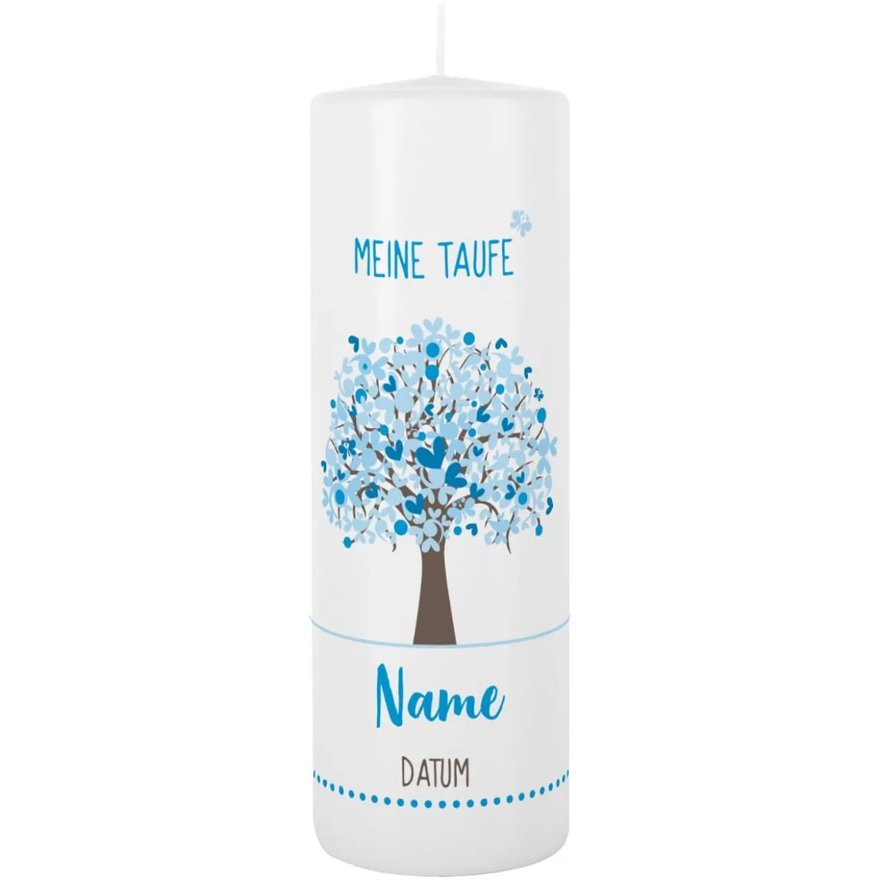 Taufkerze mit Lebensbaum in blau, Name, Datum und Taufspruch