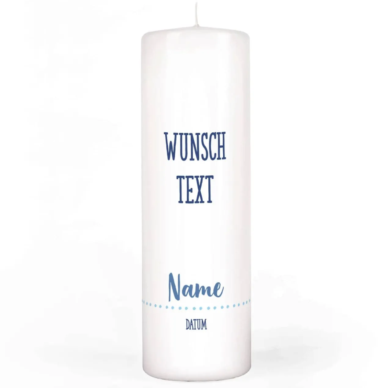 Taufkerze mit Wal, blauem Kreuz, Name, Datum und Taufspruch