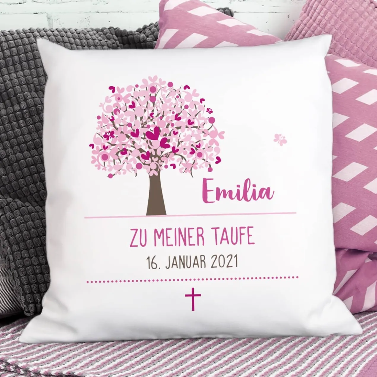 Taufkissen mit Lebensbaum in rosa, Name, Datum und Wunschtext