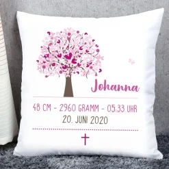 Taufkissen mit Lebensbaum in rosa, Name, Datum und Wunschtext