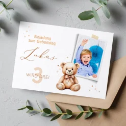 Teddybär Einladungskarte zum Kindergeburtstag mit Foto und Wunschdaten