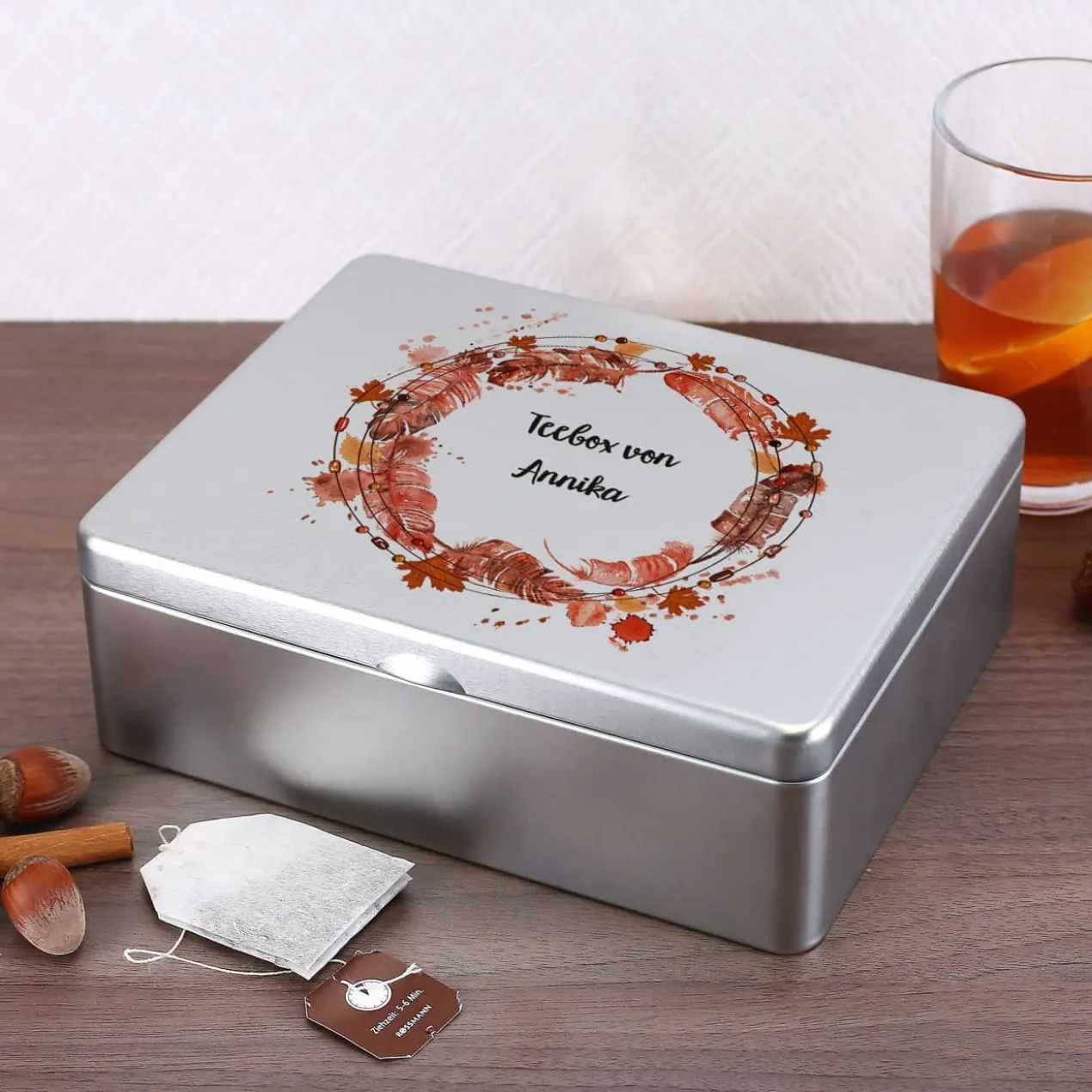 Teebox aus Metall mit herbstlichem Motiv und Wunschtext