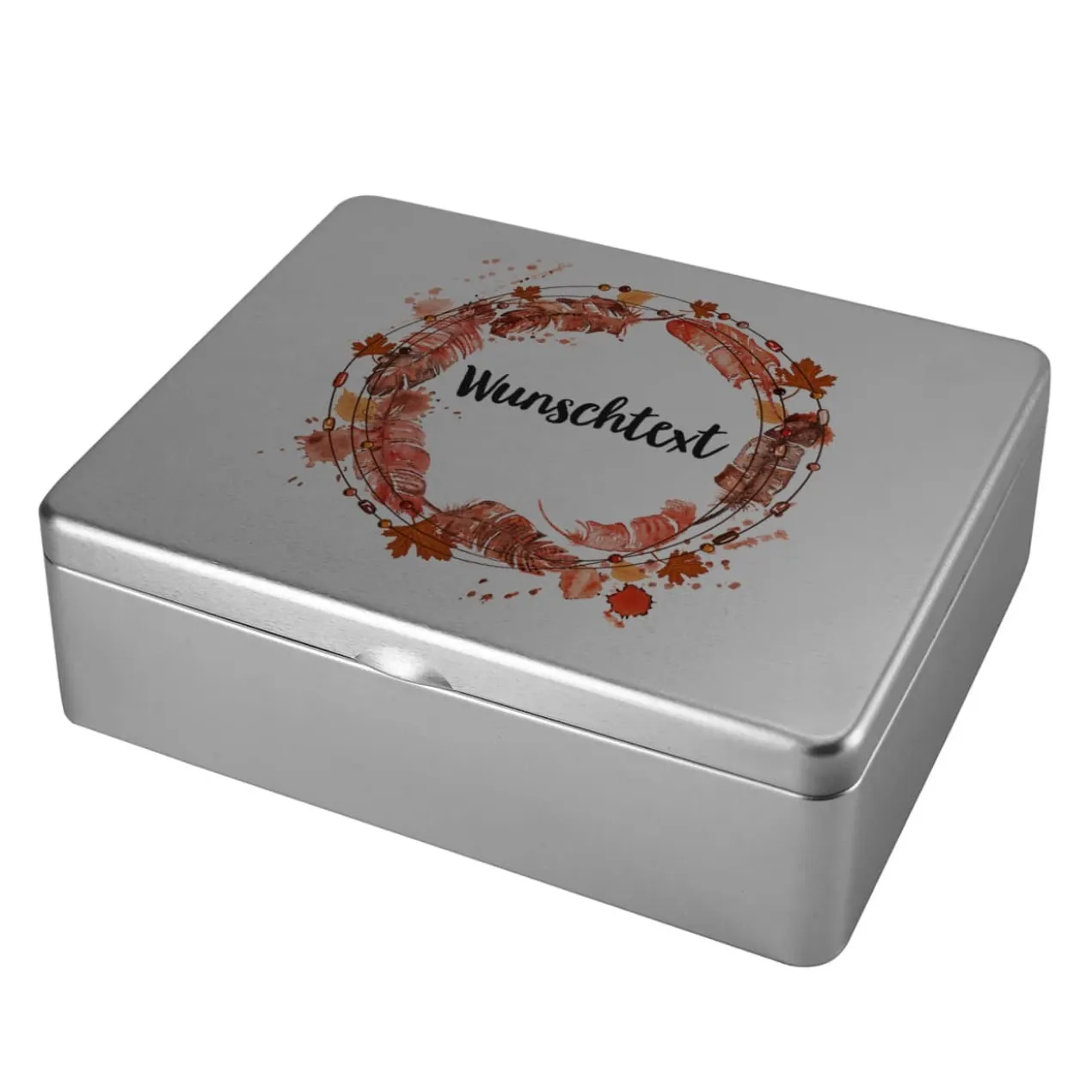 Teebox aus Metall mit herbstlichem Motiv und Wunschtext