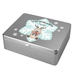 Teebox zu Weihnachten mit Ihrem Wunschnamen und Rentiermotiv bedruckt
