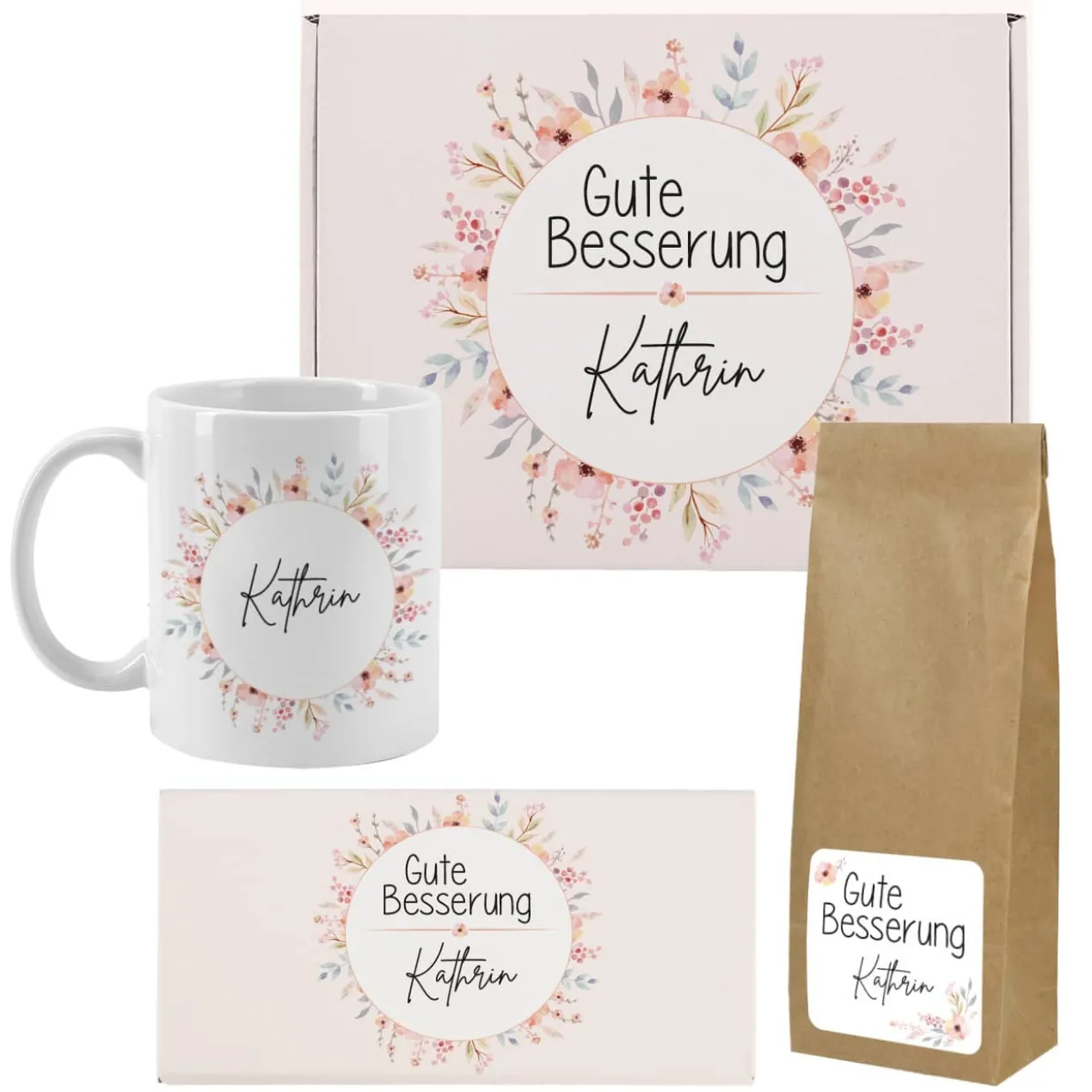 Tee Geschenkset - Gute Besserung - mit Tasse, Schokolade und Box