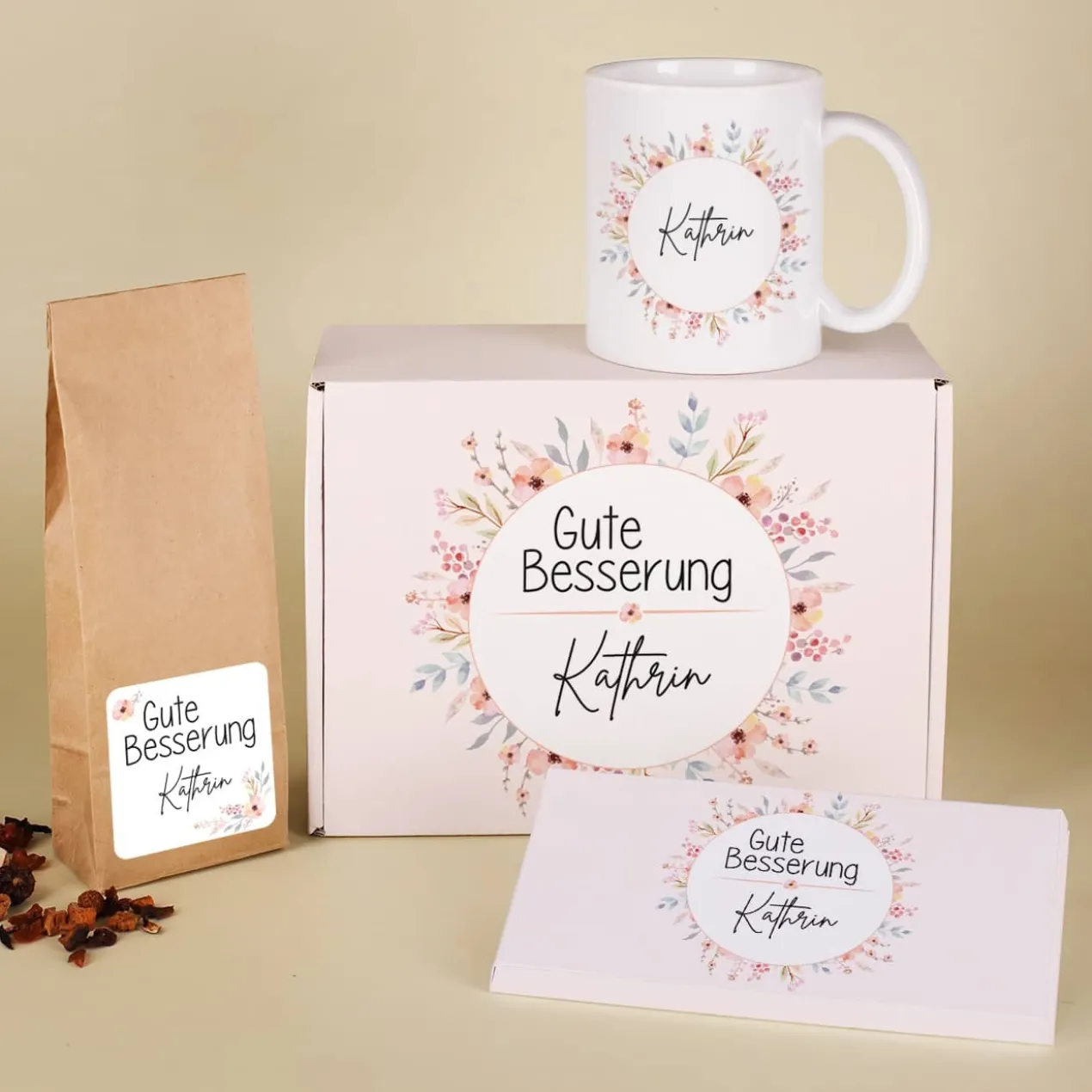 Tee Geschenkset - Gute Besserung - mit Tasse, Schokolade und Box