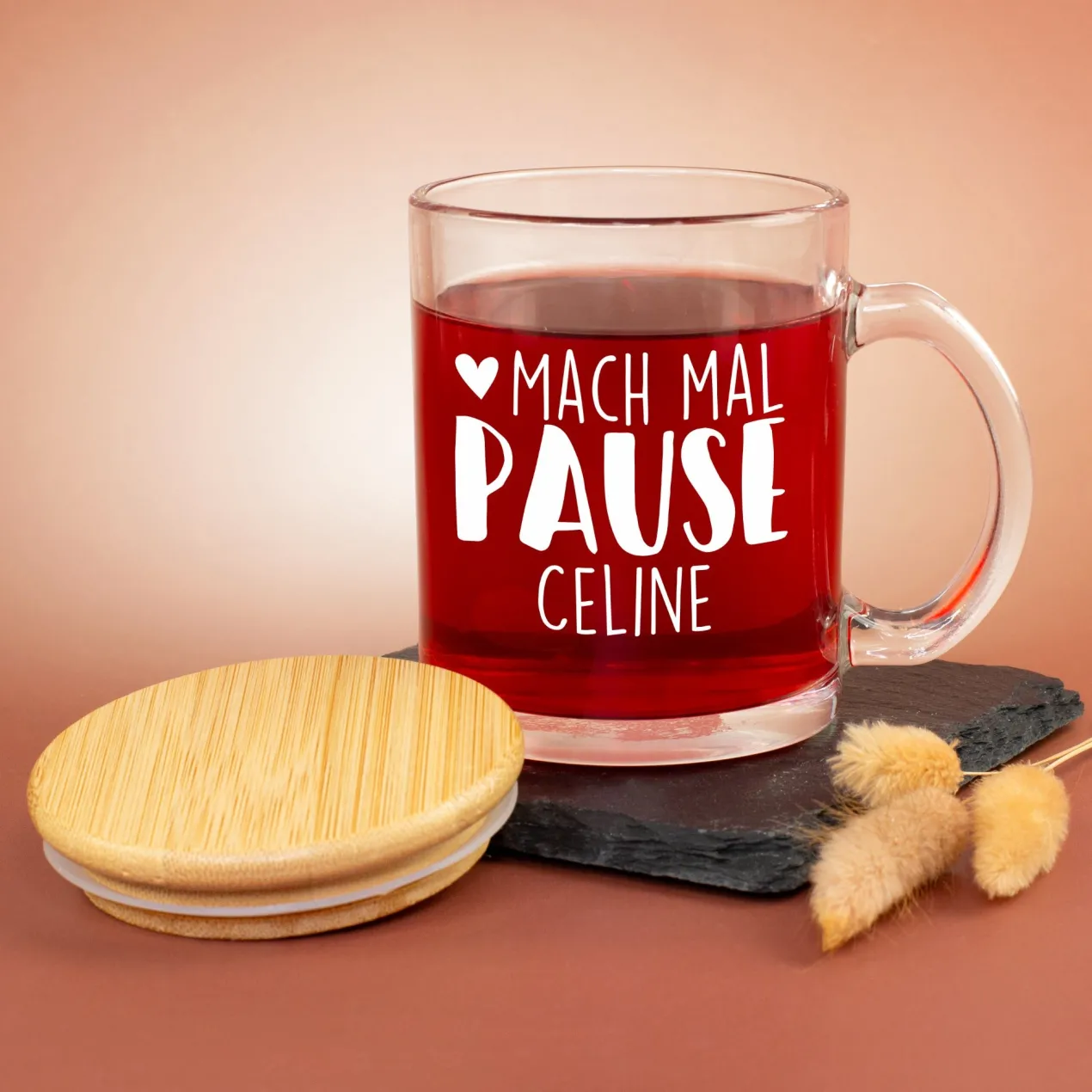Teeglas mit Holz Deckel personalisiert mit Name | Glas Tasse 'Pause' als Geschenkidee