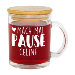 Teeglas mit Holz Deckel personalisiert mit Name | Glas Tasse 'Pause' als Geschenkidee
