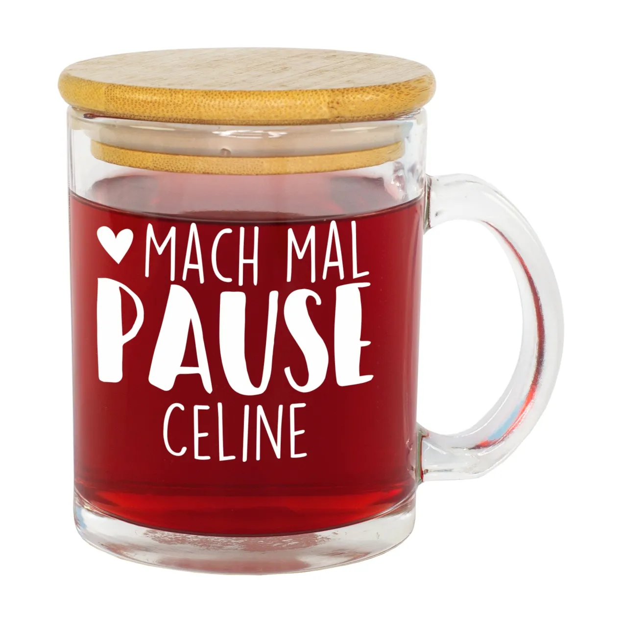 Teeglas mit Holz Deckel personalisiert mit Name | Glas Tasse 'Pause' als Geschenkidee