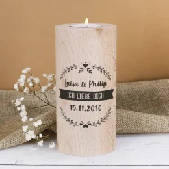 Teelicht aus Holz bedruckt mit drei Wunschtextzeilen