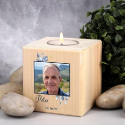 Teelichthalter als Trauerkerze mit Foto, Name & Datum | Personalisiert