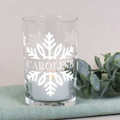 Teelichthalter aus Glas mit Schneeflockenmotiv und Wunschname bedruckt