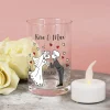 Teelichthalter aus Glas zur Hochzeit mit Brautpaar, Namen und Datum