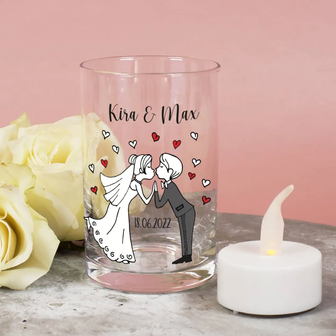 Teelichthalter aus Glas zur Hochzeit mit Brautpaar, Namen und Datum