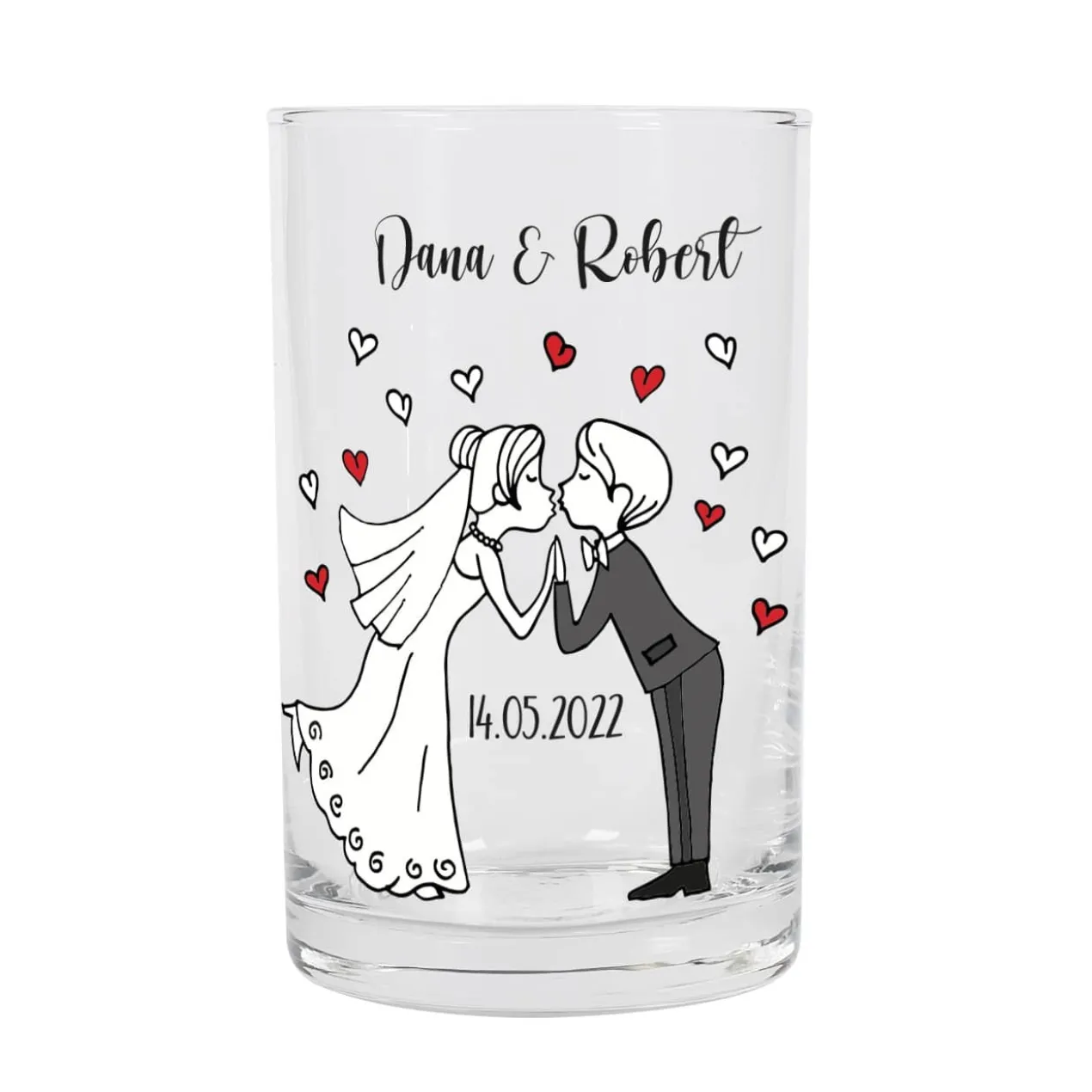 Teelichthalter aus Glas zur Hochzeit mit Brautpaar, Namen und Datum