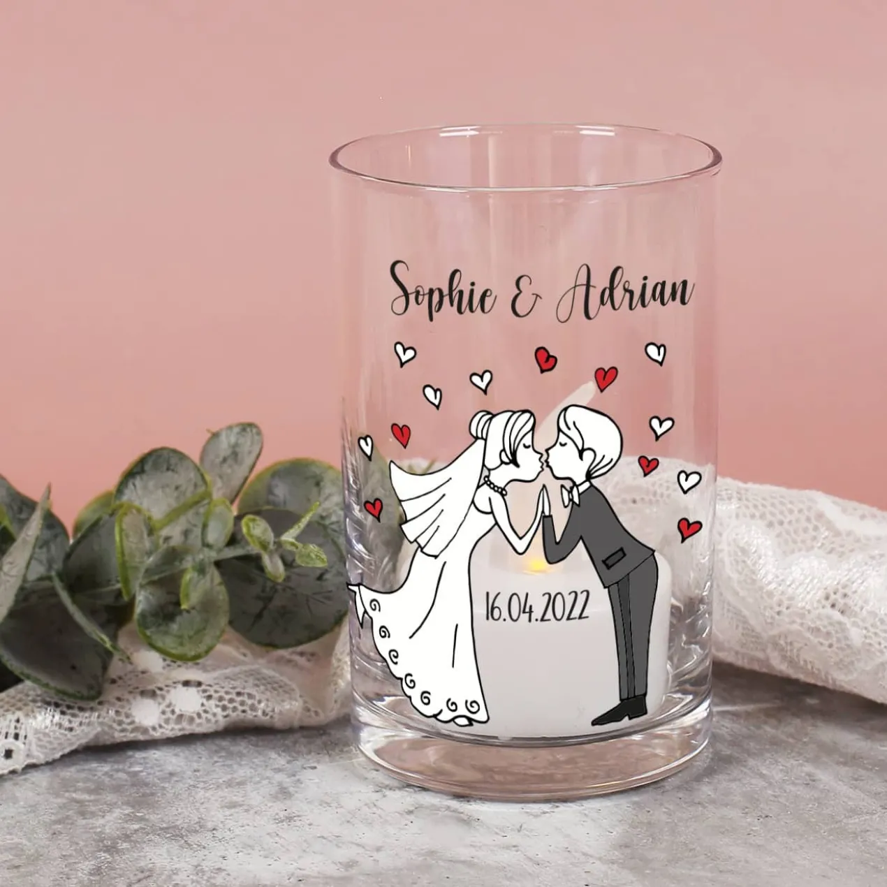 Teelichthalter aus Glas zur Hochzeit mit Brautpaar, Namen und Datum