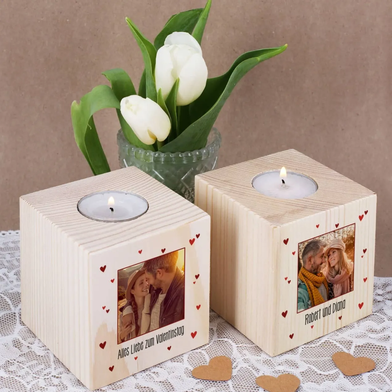 Teelichthalter aus Holz mit Foto zum Valentinstag