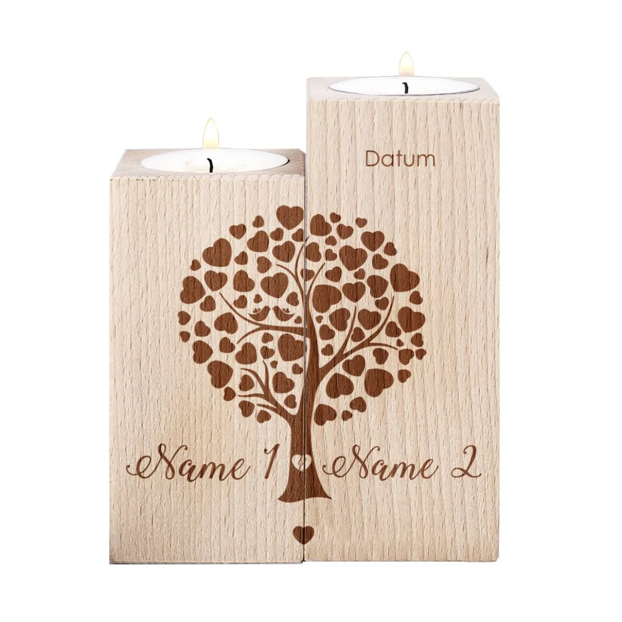 Teelichthalter aus Holz mit Herzbaum, Namen und Datum, 2er Set