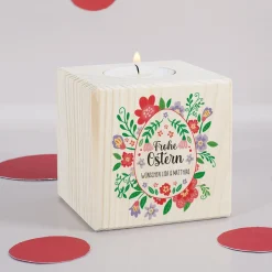 Teelichthalter aus Holz zu Ostern mit Wunschtext & buntem Blumen Motiv