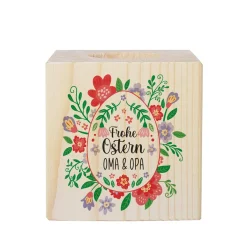 Teelichthalter aus Holz zu Ostern mit Wunschtext & buntem Blumen Motiv