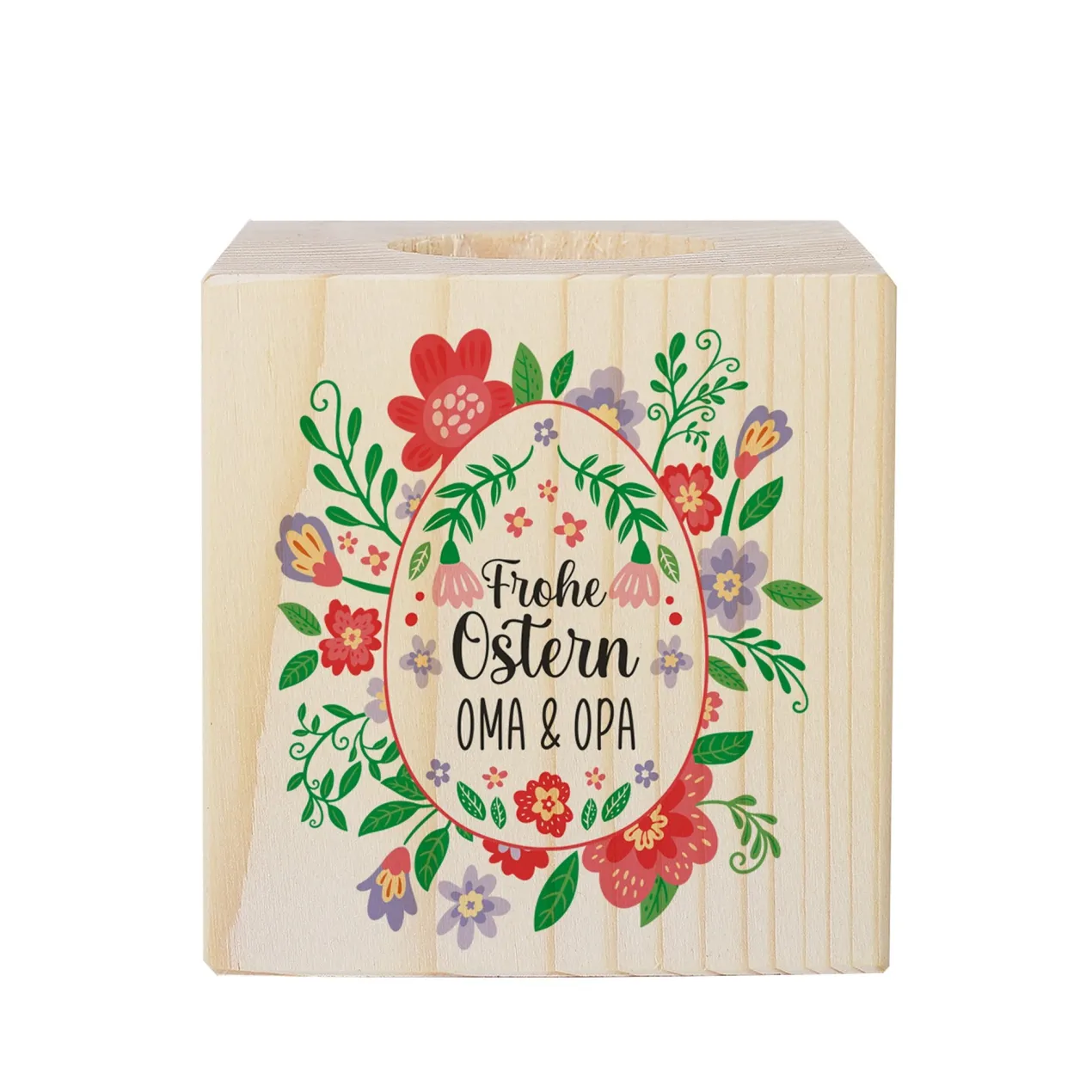 Teelichthalter aus Holz zu Ostern mit Wunschtext & buntem Blumen Motiv
