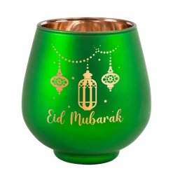 Teelichthalter zu Ramadan mit Gravur 'Eid Mubarak' | Windlicht aus Glas | Rot oder Grün