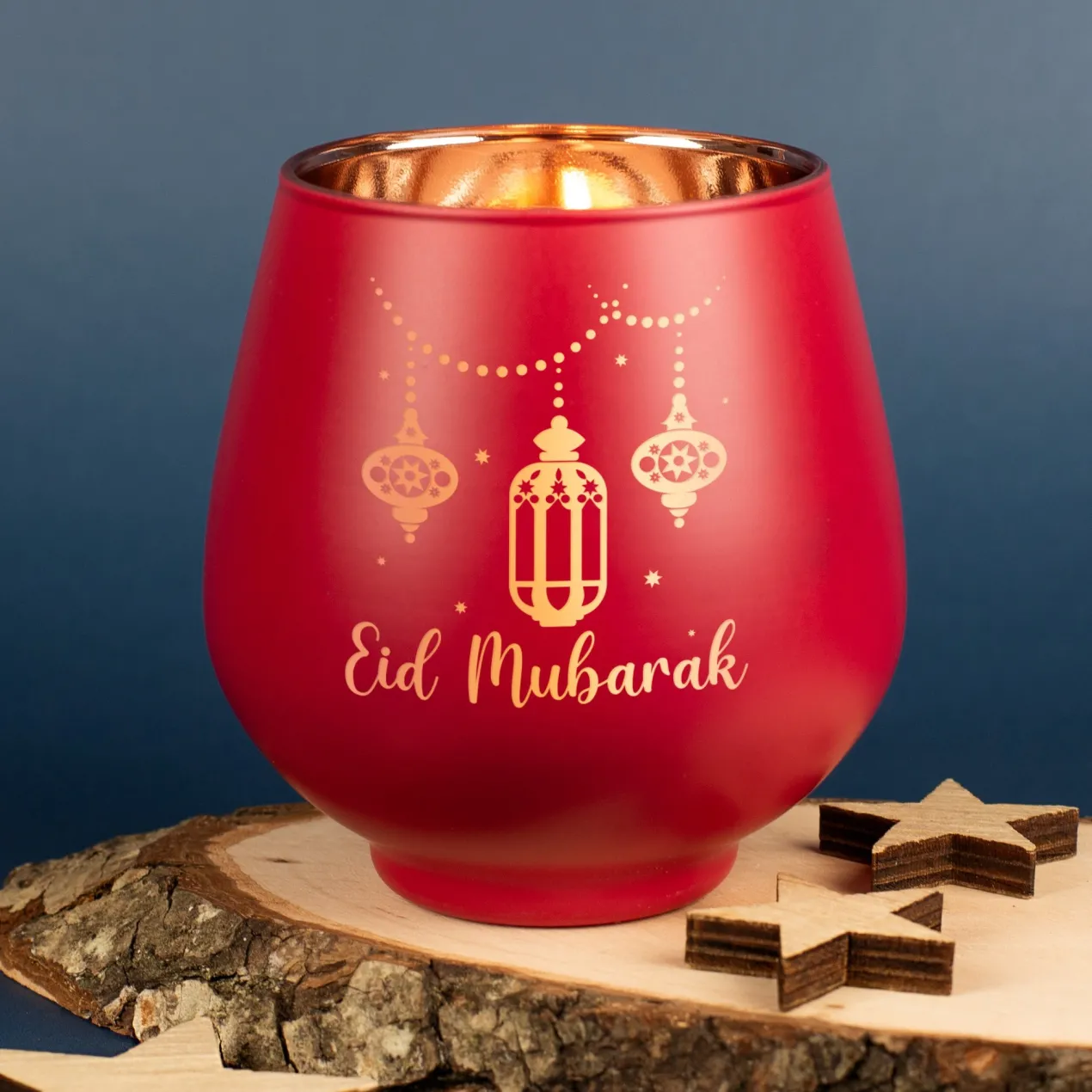 Teelichthalter zu Ramadan mit Gravur 'Eid Mubarak' | Windlicht aus Glas | Rot oder Grün
