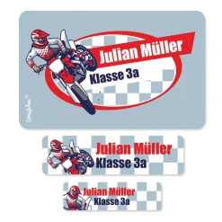 100 teiliges Schulaufkleberset mit Motorrad-Motiv, Name und Text