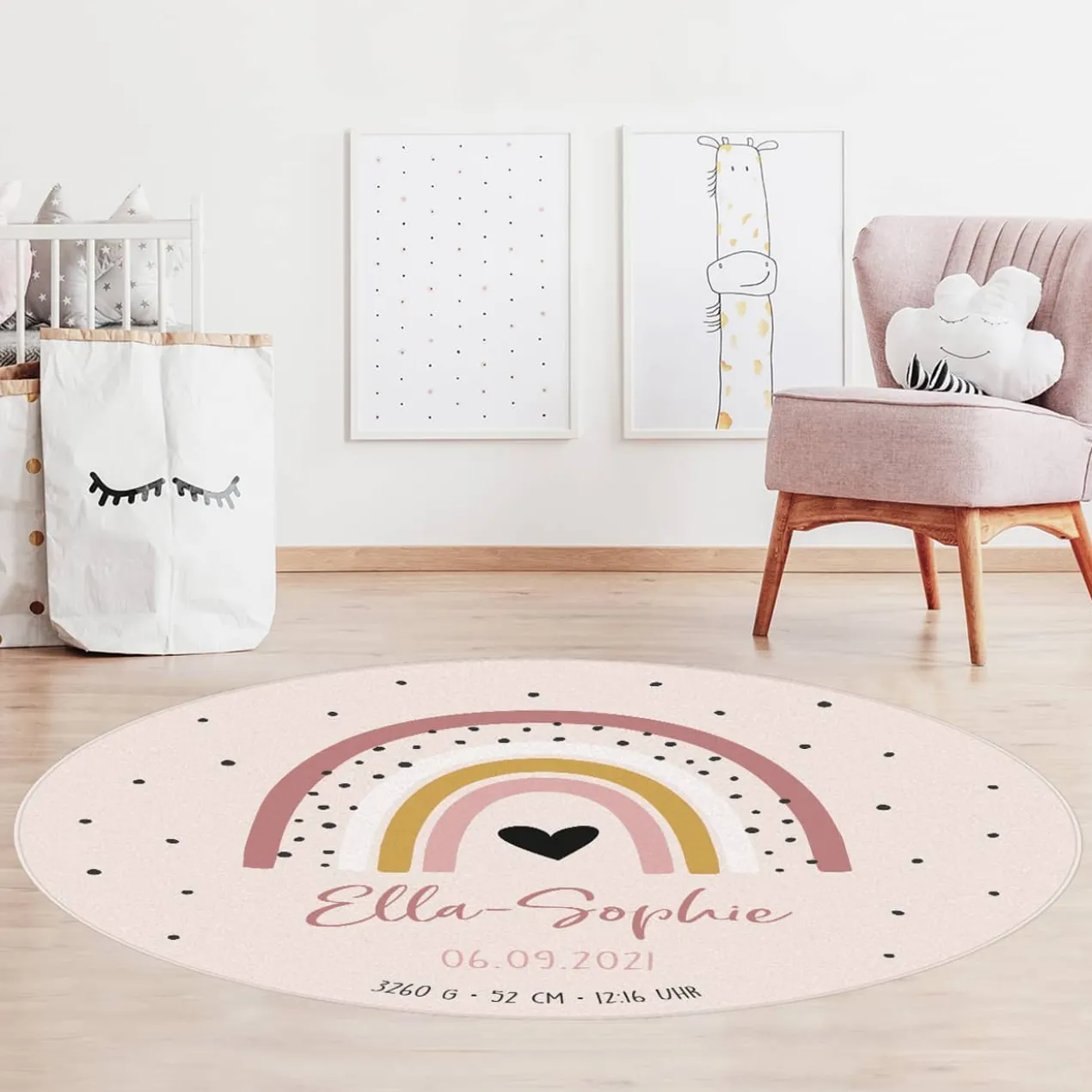 Teppich mit Regenbogenmotiv in Rosa oder Blau mit Personalisierung