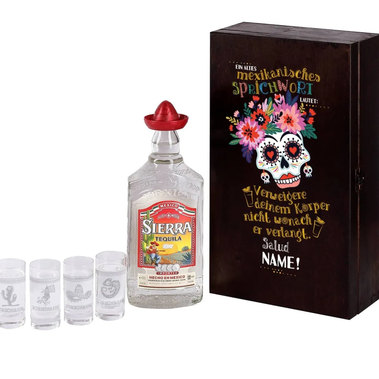 Tequila Geschenk-Set mit 4 gravierten Tequila-Shots in bedruckter Holzkiste mit Tequila Flasche