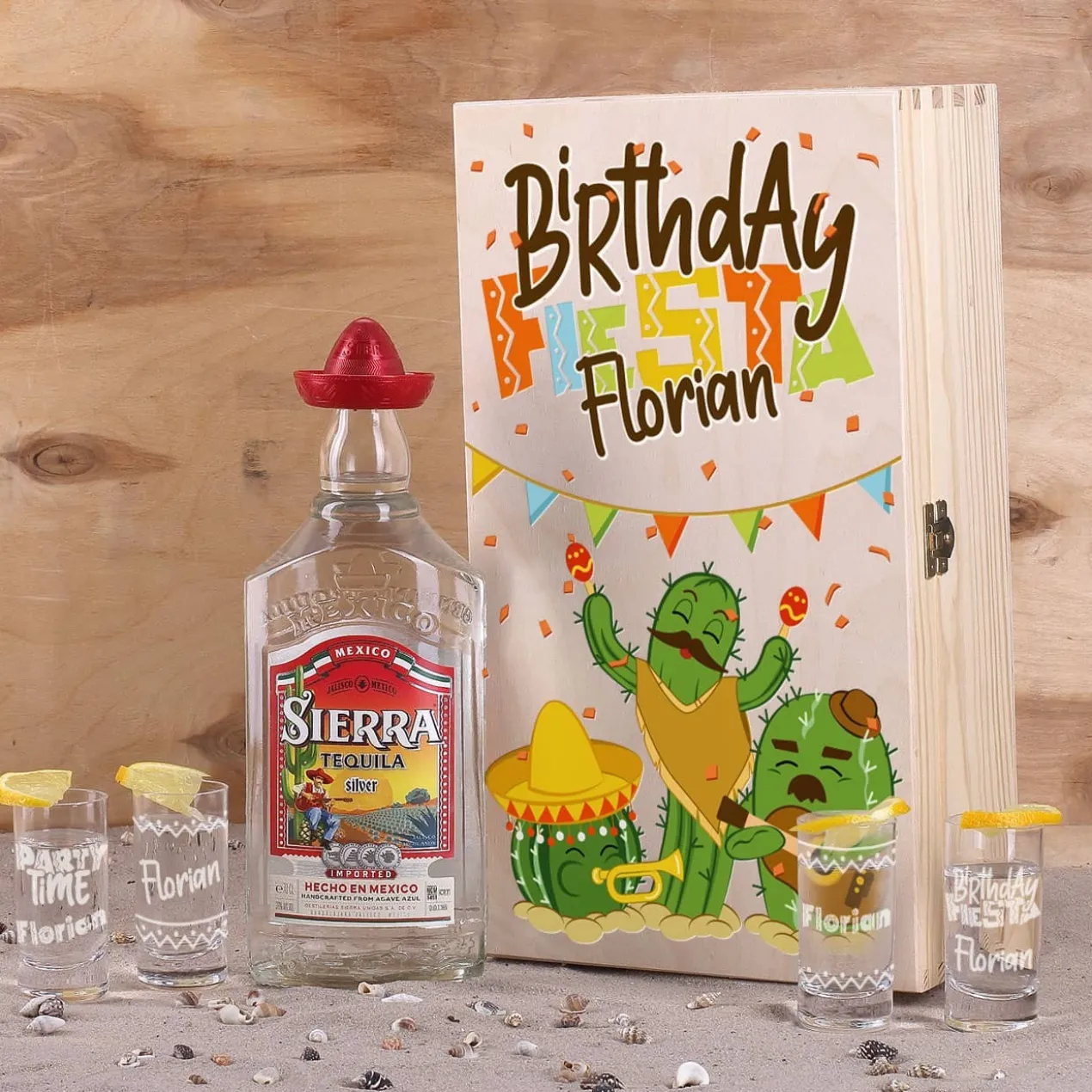 Tequila-Set "Birthday Fiesta" mit vier Shotgläsern, Sierra Tequila und Geschenkkiste