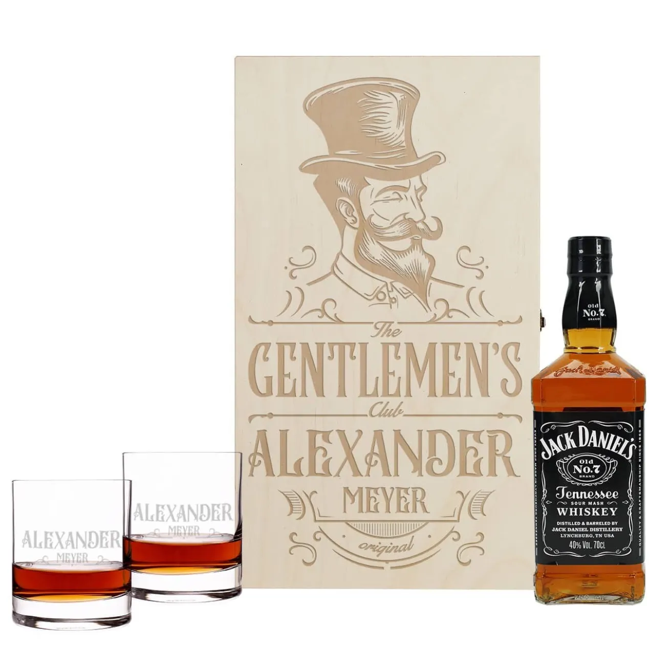 The Gentlemen's Club - Geschenkset mit zwei Whiskeygläsern und Jack Daniel's