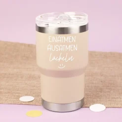 Thermobecher mit Spruch - Einatmen Ausatmen Lächeln | Coffee to Go & Reise Becher als Geschenk