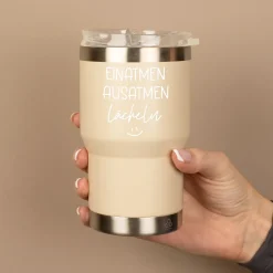 Thermobecher mit Spruch - Einatmen Ausatmen Lächeln | Coffee to Go & Reise Becher als Geschenk