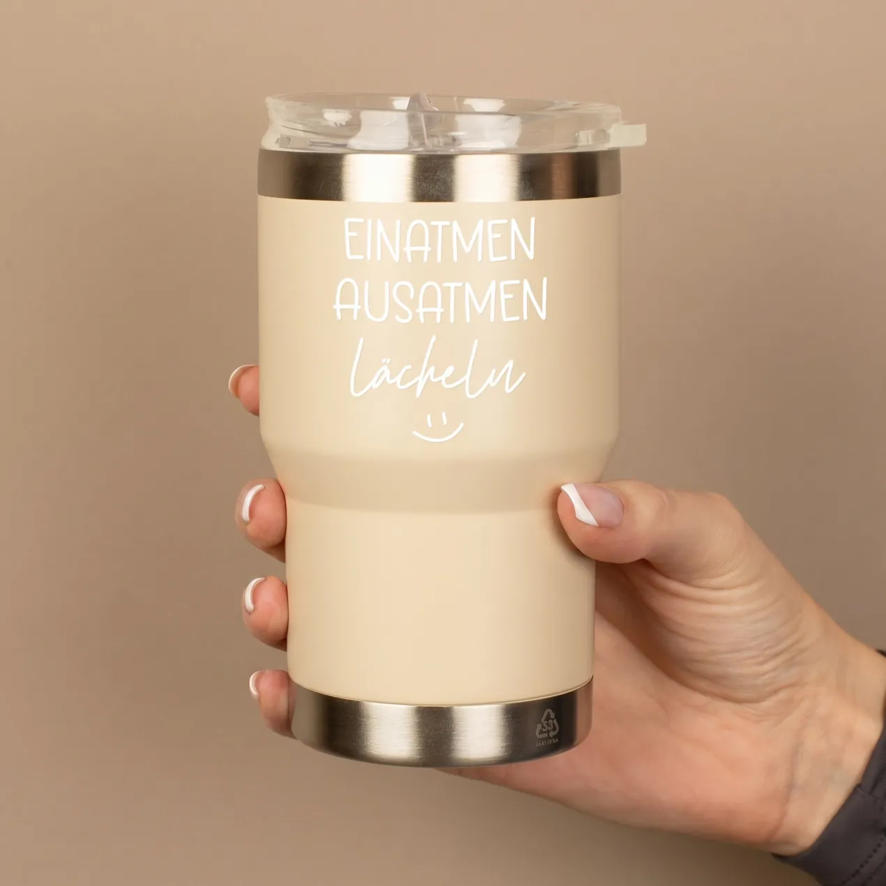 Thermobecher mit Spruch - Einatmen Ausatmen Lächeln | Coffee to Go & Reise Becher als Geschenk