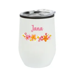Thermobecher personalisiert mit Name und Blumenmotiv in schwarz oder weiß | Geschenk für Frauen